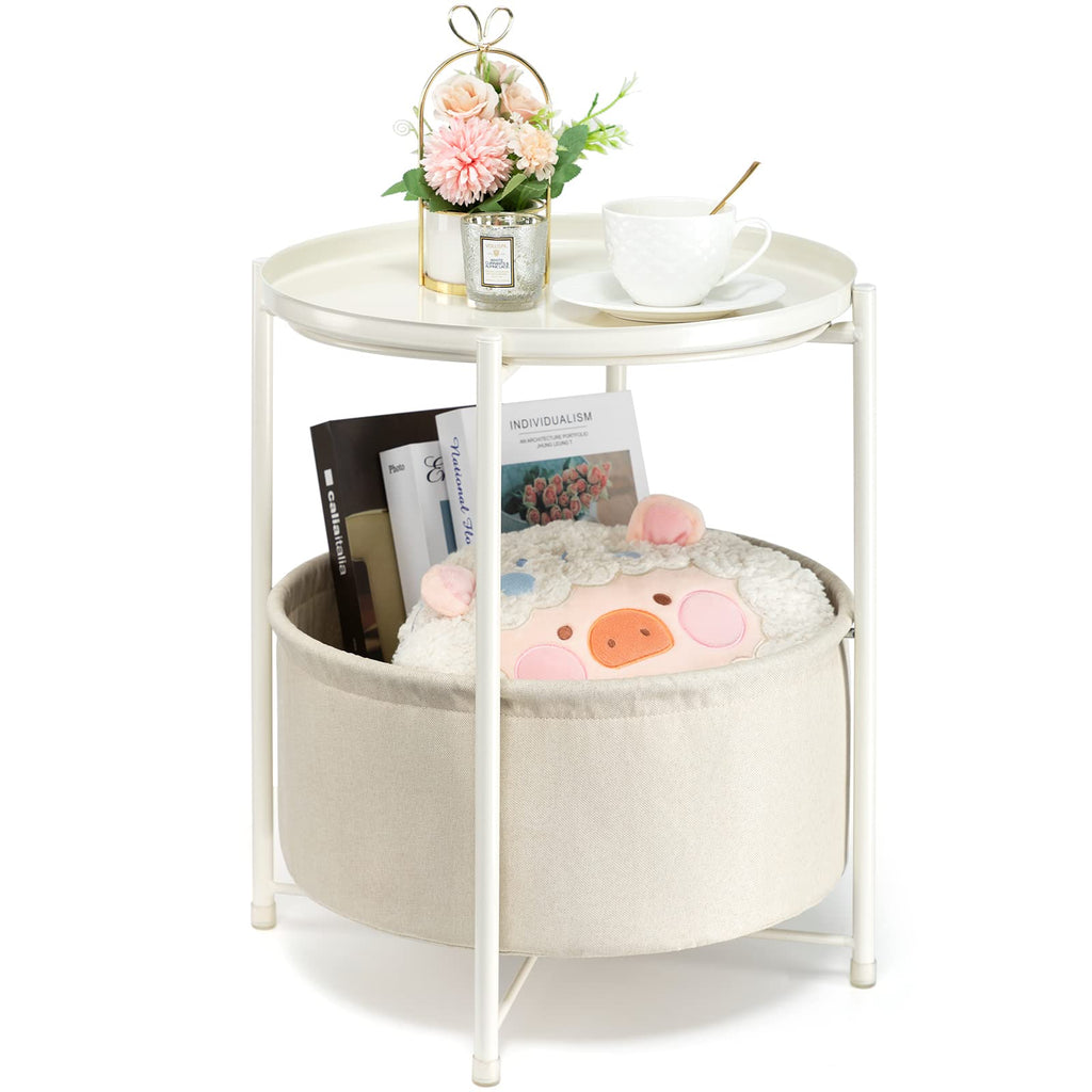 Danpinera White Metal Round Side Table with Fabric Storage Basket