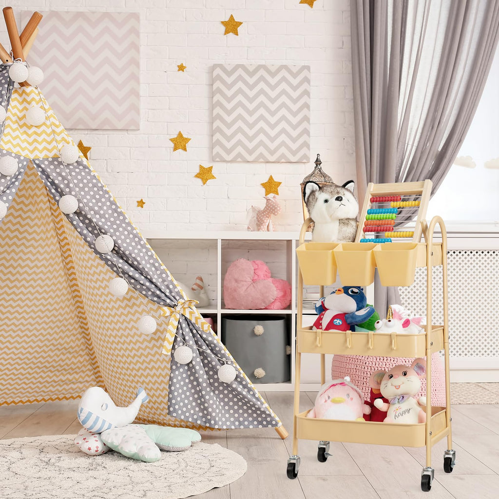 Danpinera Yellow Metal 3-Tier Rolling Cart with Lockable Wheels & Hanging Cups & Hooks