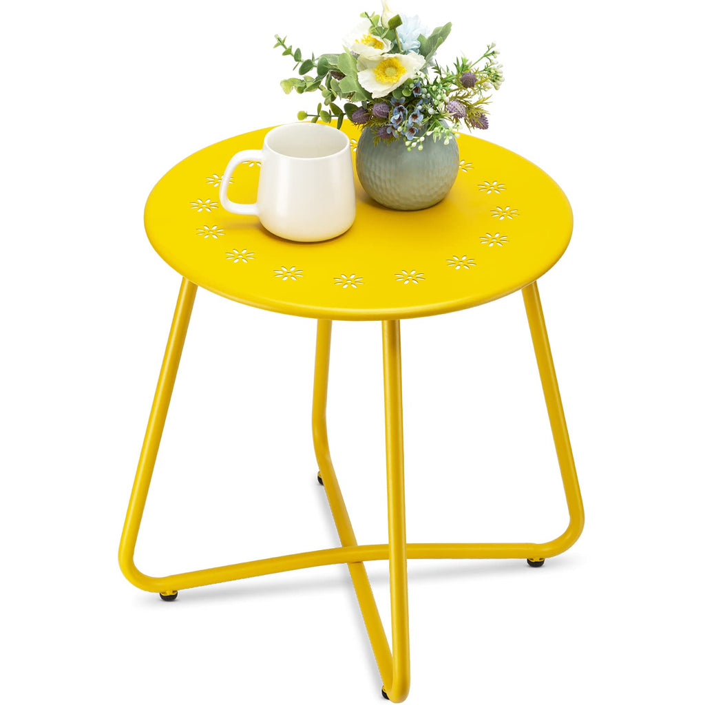 Danpinera Yellow Round Shape Flower Cutout Metal Patio Side Table