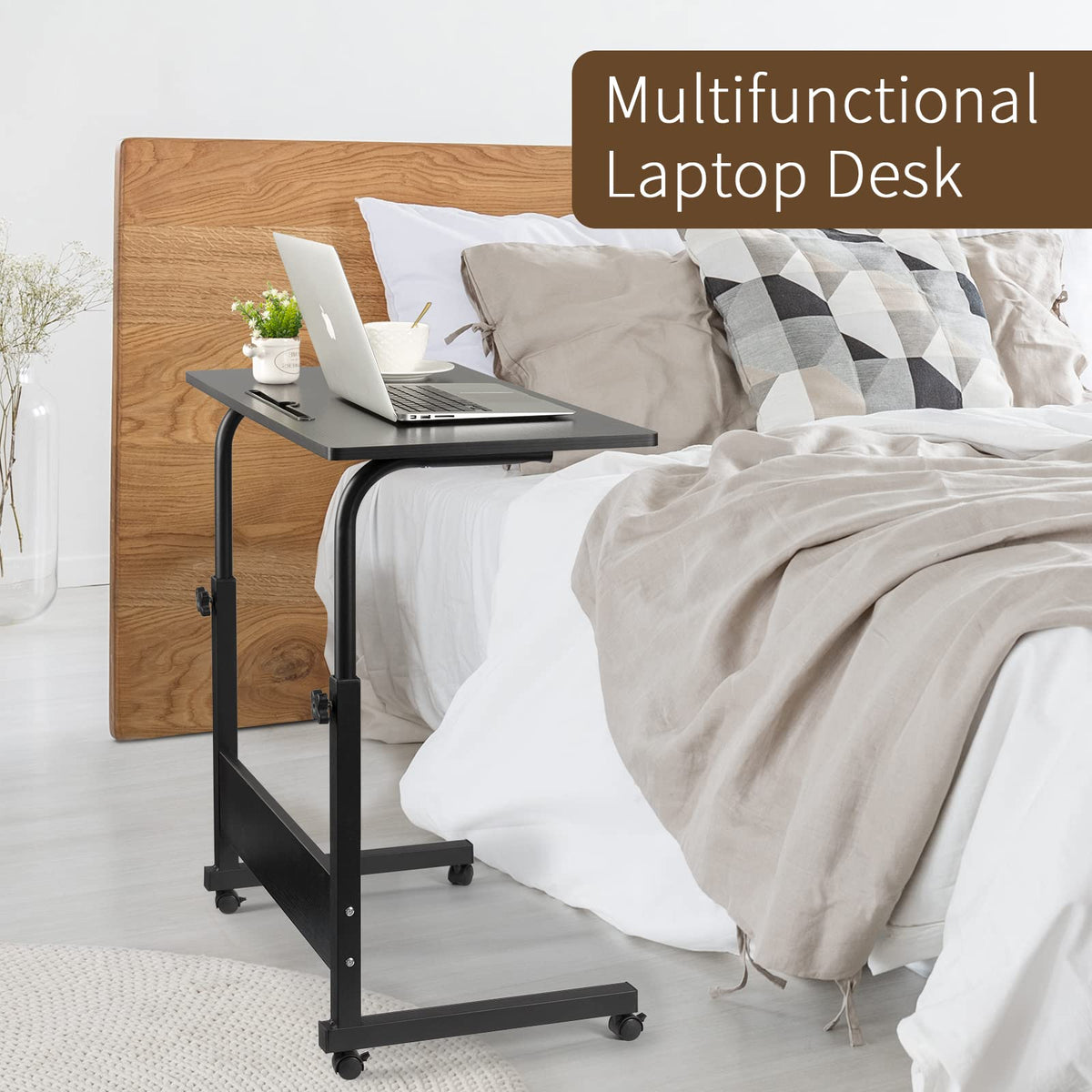 Black Adjustable Over Bed Side Table with Wheels for Sofa Hadulcet