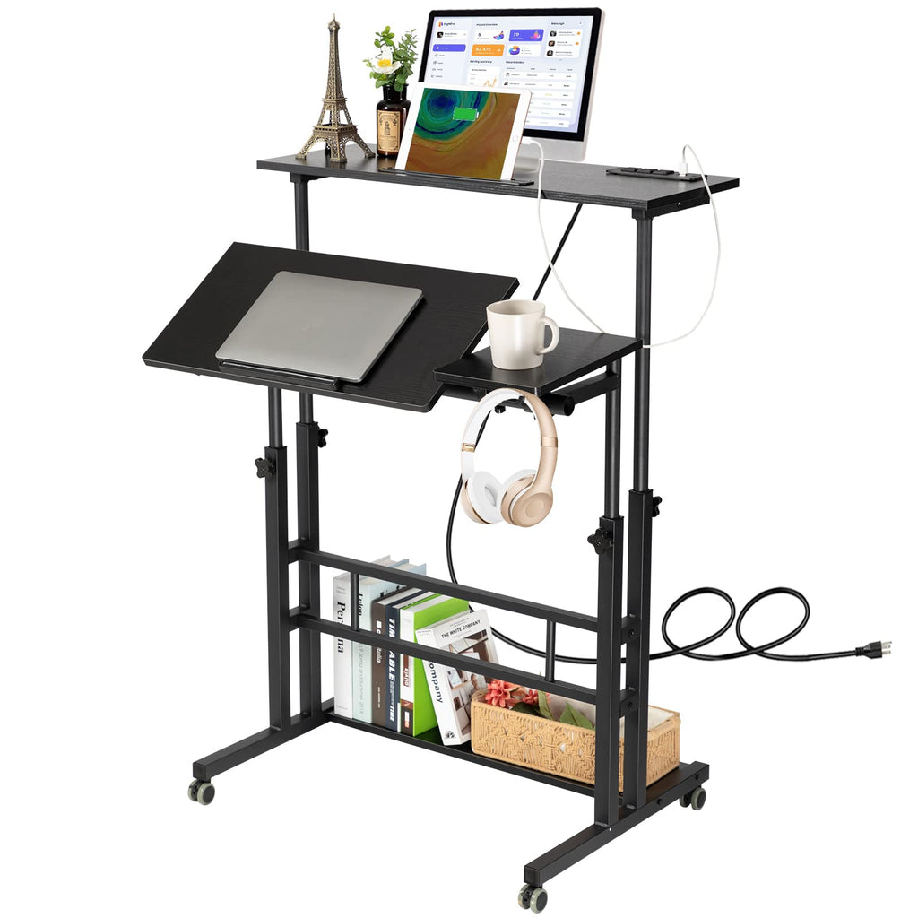 Black Upgrade Rolling Adjustable Mobile Standing Desk with Wheels