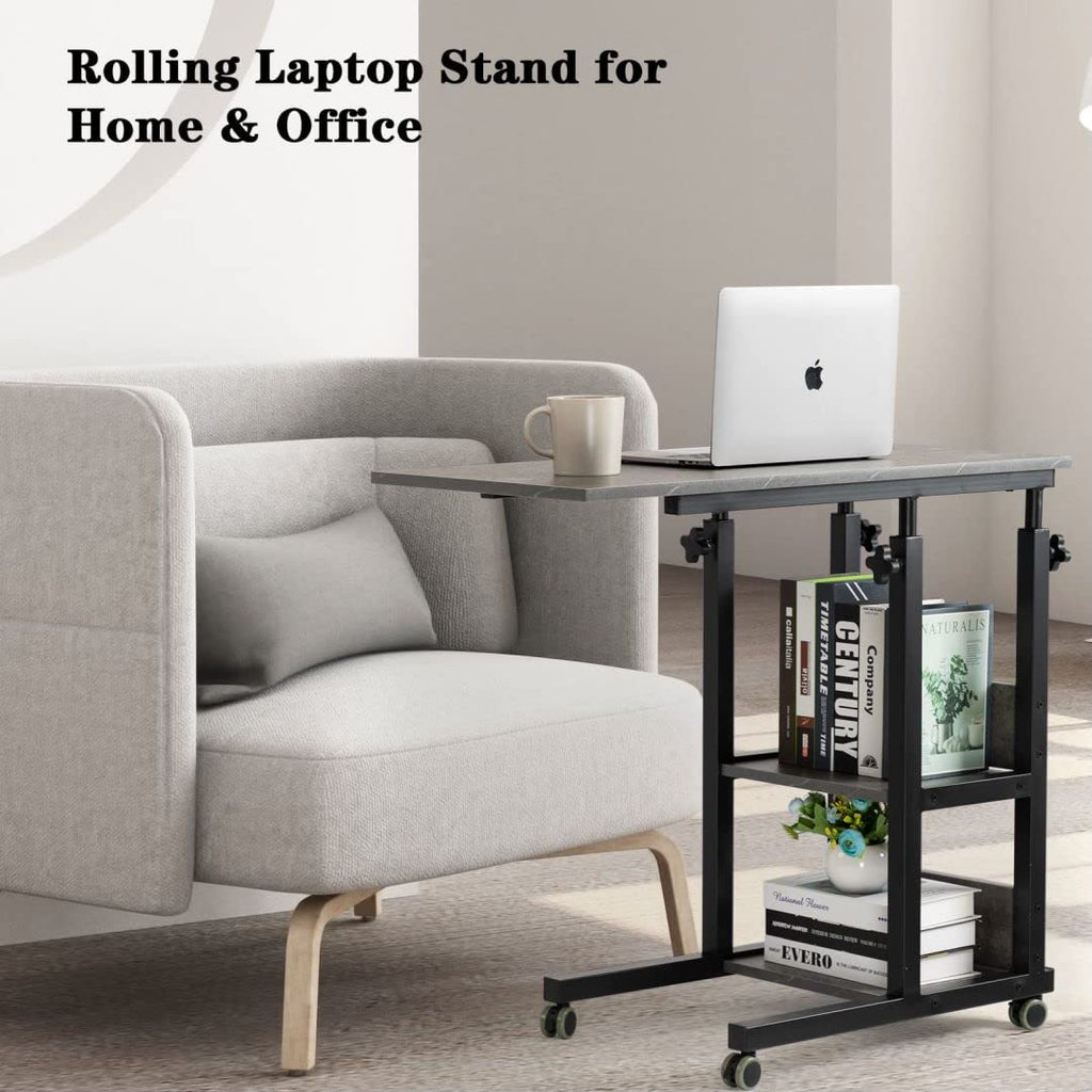 Dark Gray C Shaped Adjustable Side Table with Wheels and Storage Shelves