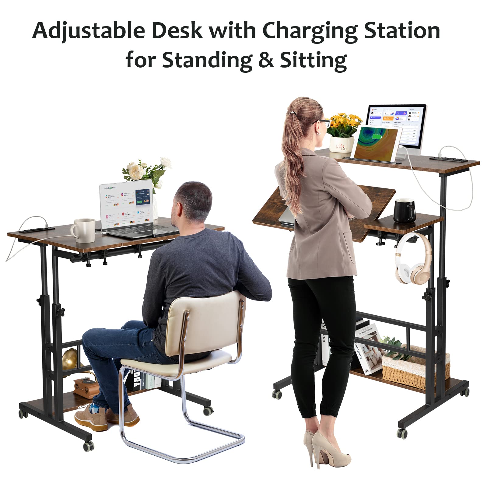 Rustic Brown Upgrade Rolling Adjustable Mobile Standing Desk with Whee ...