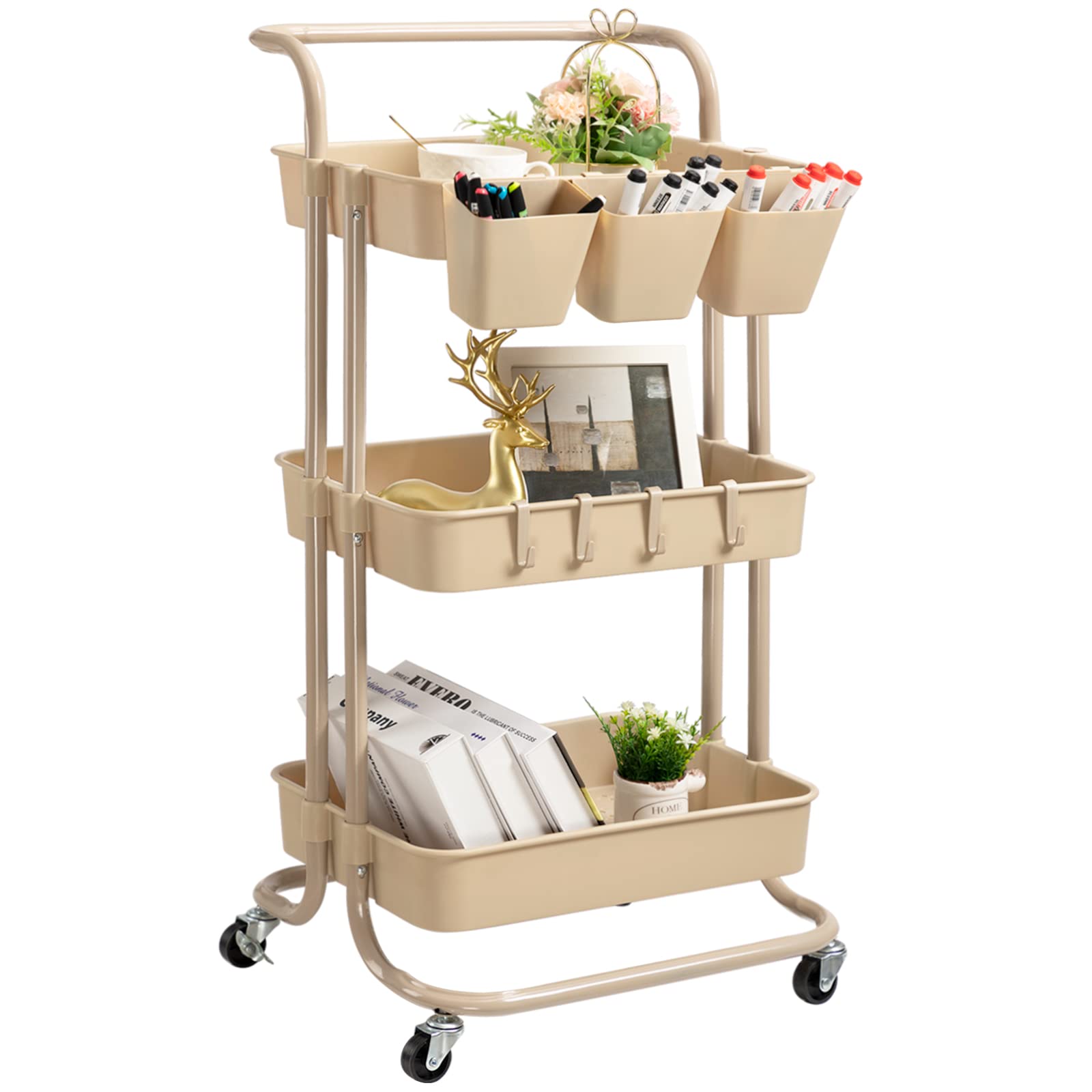 Three-Layer Apricot Metal Trolley Cart with Hooks and Cup Holder - The ...