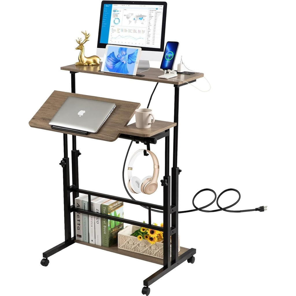 Hadulcet Rolling Stand Up Desk Adjustable Height - Portable Standing Desk with Wheels & Charging Station, Mobile Laptop Desk Small Standing Desk Drawing Table, Grey