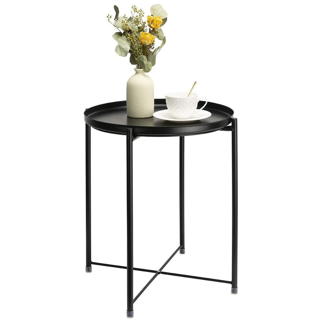 Black Single Tier Round Folding Metal Outdoor End Table With Removable Tray