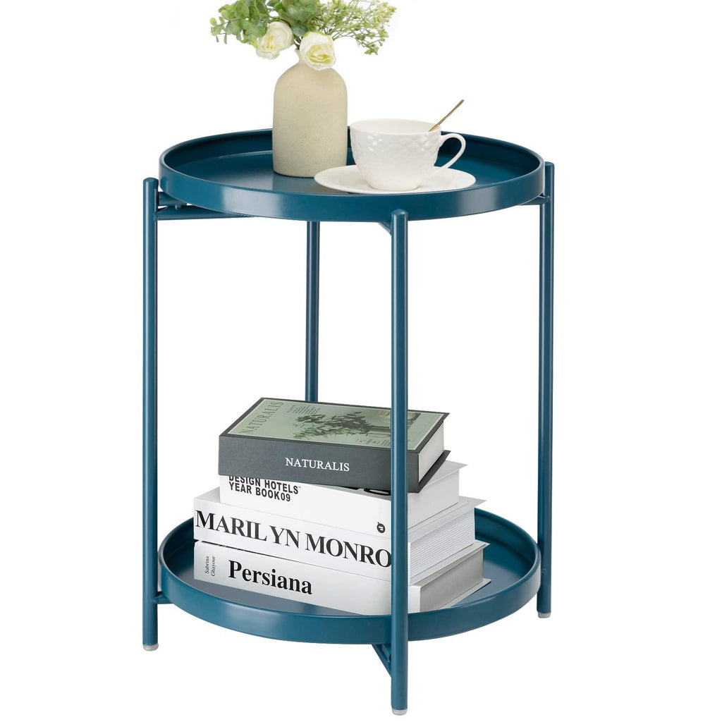 Anti-Rust Navy Blue 2-Tier Round Folding Metal Simple End Table