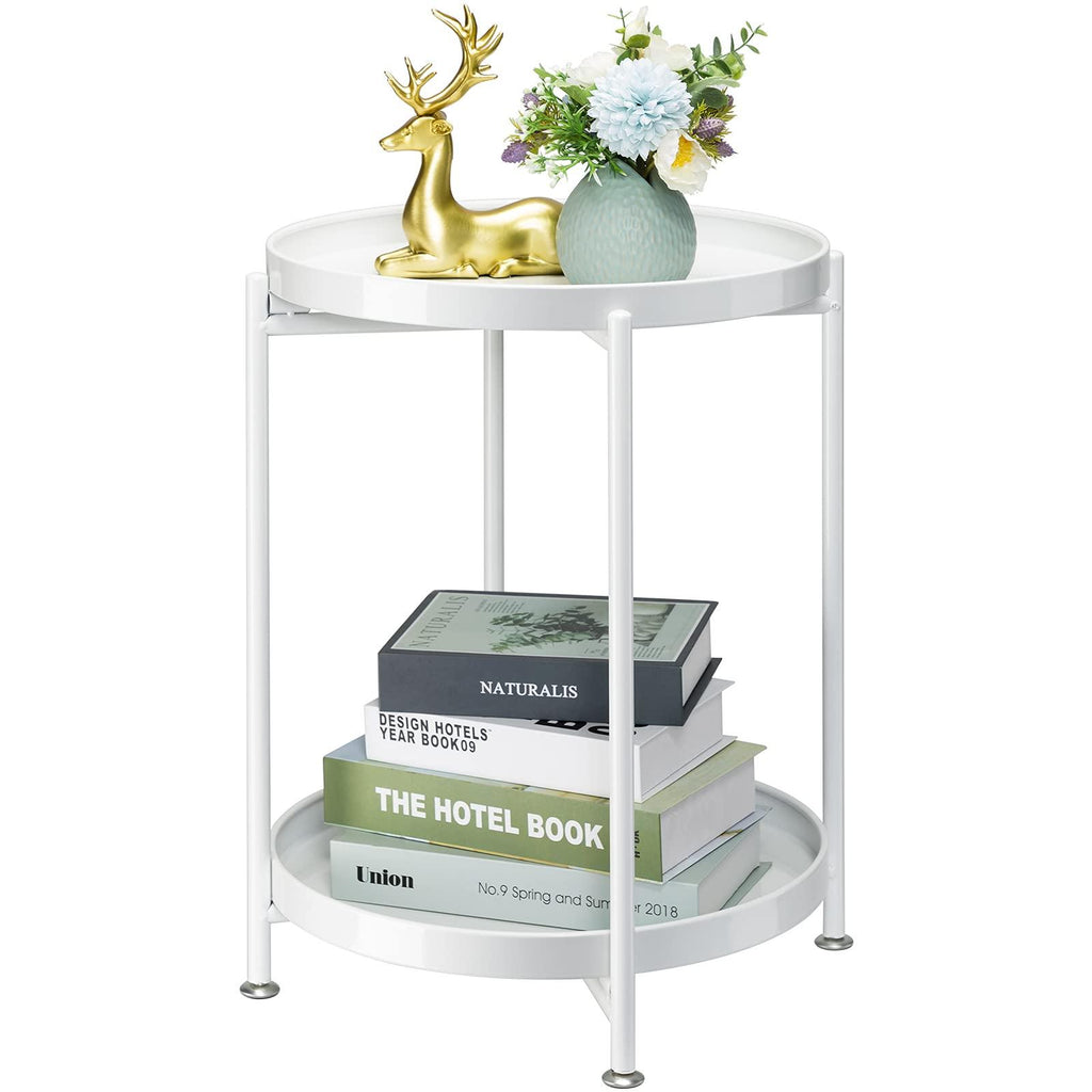 Danpinera Anti-Rust White 2-Tier Round Folding Metal End Table With Storage