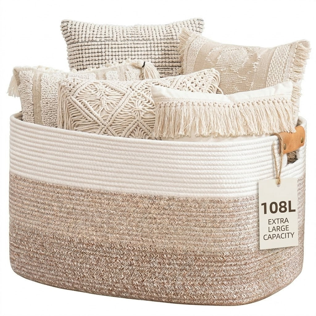 TeoKJ 108L Cotton Rope Woven Storage Basket with Leather Handles, Gradient Brown