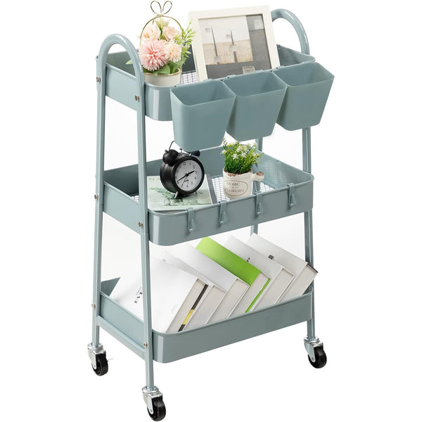 Danpinera Dusty Blue Metal 3-Tier Storage Rolling Cart with Lockable Wheels & Hanging Cups & Hooks, MRC-B