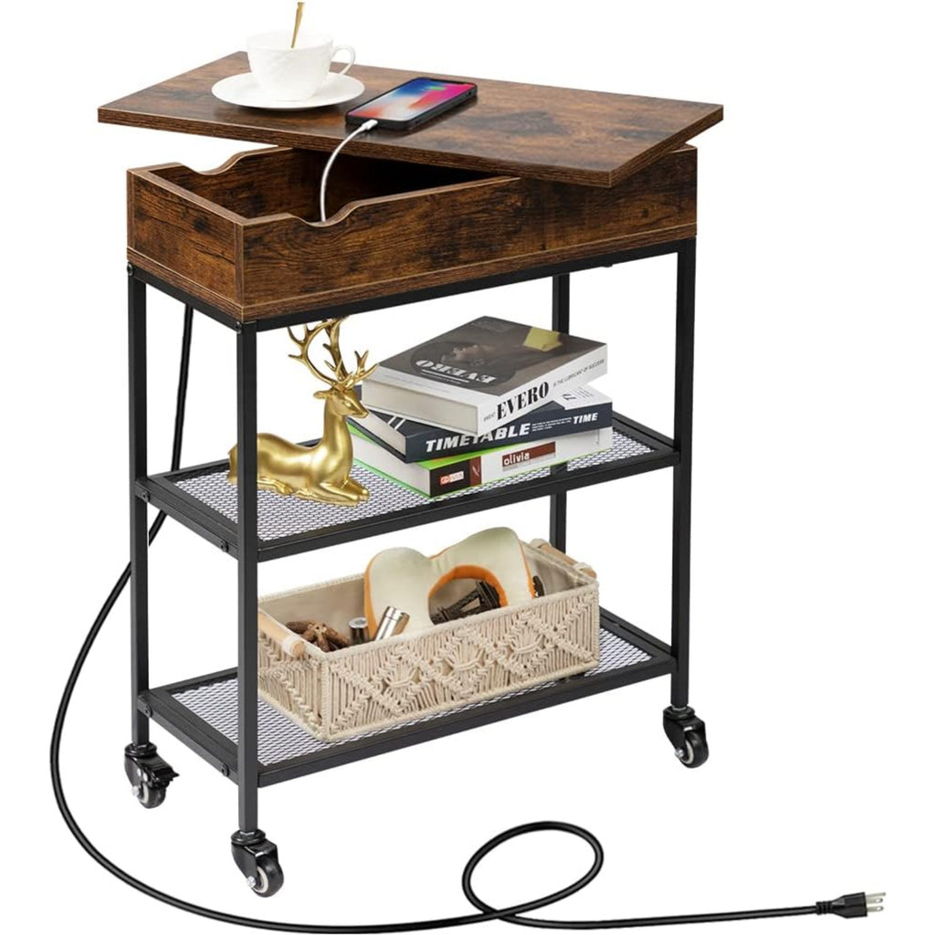 Hadulcet Narrow End Table with Charging Station & Rotating Top, Couch Snack Tables, Swivel Table for Recliner Living Room & Bedroom, Rolling Slim Side Table on Wheels, Skinny Nightstand, Rustic Brown