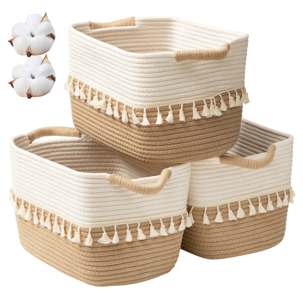 TeoKJ Cotton Rope Woven Storage Baskets, White and Jute, 3-Pack