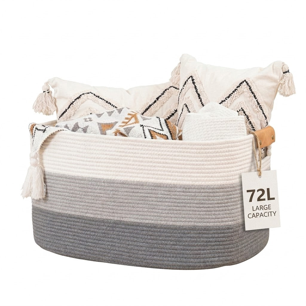 TeoKJ 72L Cotton Rope Rectangle Woven Storage Basket, Gradient Grey