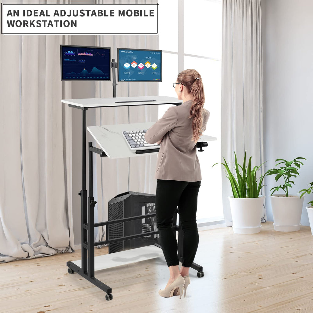 Hadulcet Adjustable Marble White Roller Skating Standing Computer Desk with Wheels