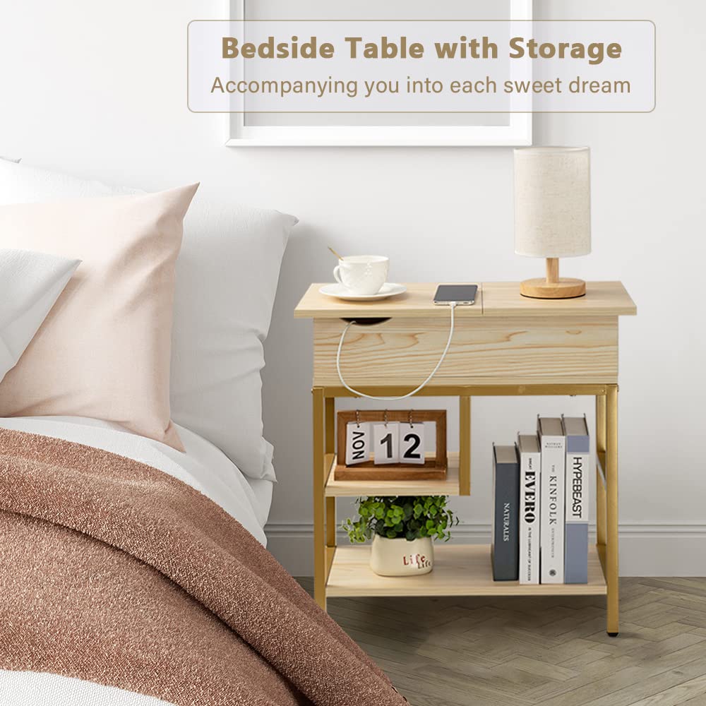 Hadulcet Beige Gold USB Charging Flip Top Side Table With USB Ports And Outlets