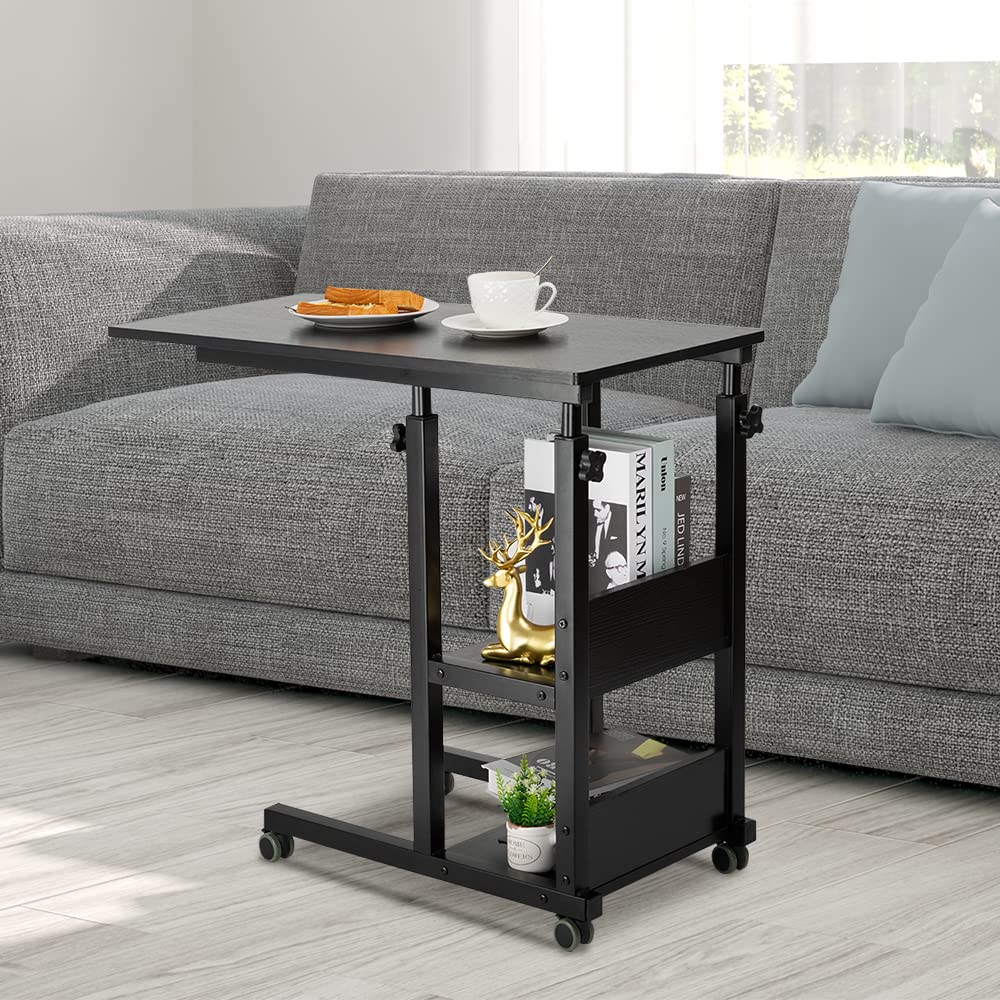 Hadulcet Black C Shaped Adjustable Side Table With Wheels And Storage Shelves