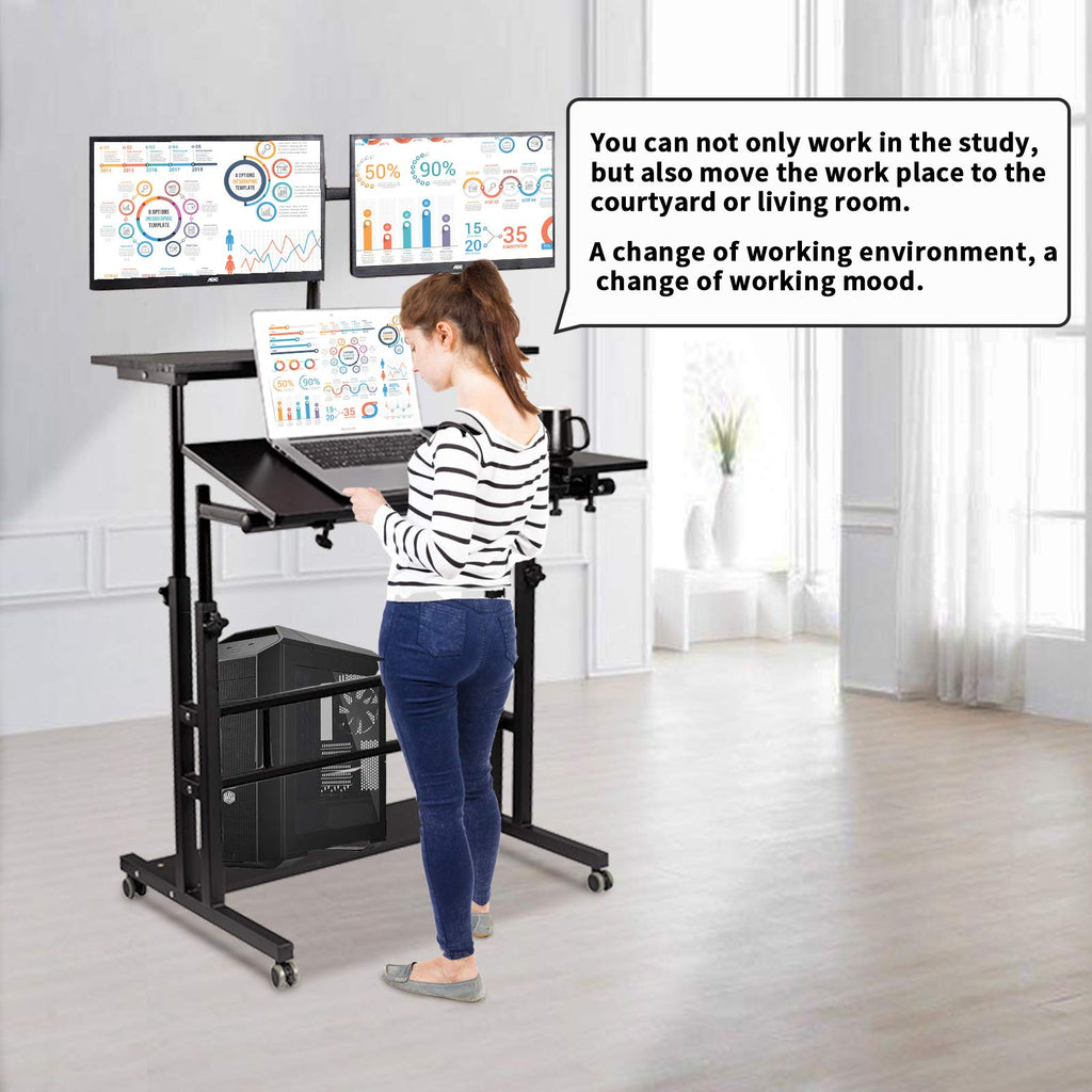 Hadulcet Black Rolling Adjustable Mobile Standing Desk With Wheels