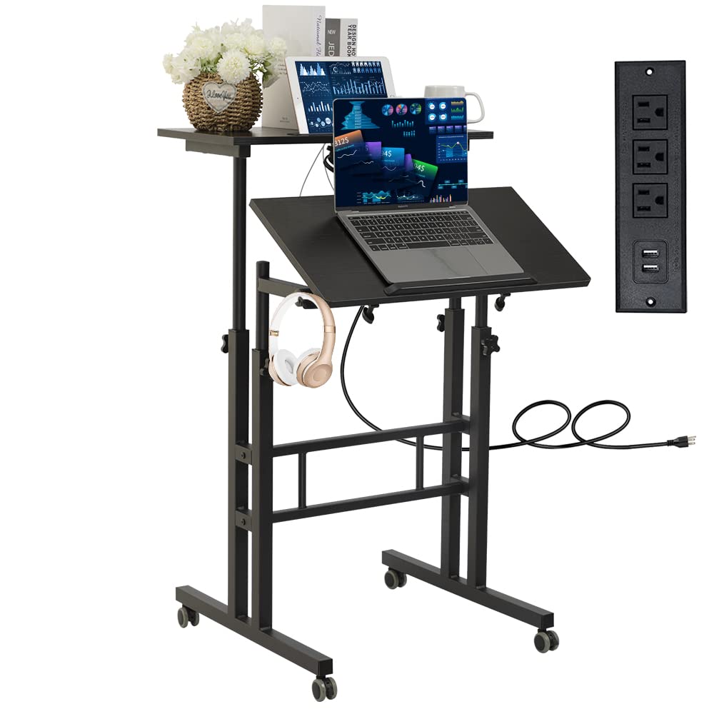 Hadulcet Black Upgrade Adjustable Standing Desk with Charging Station