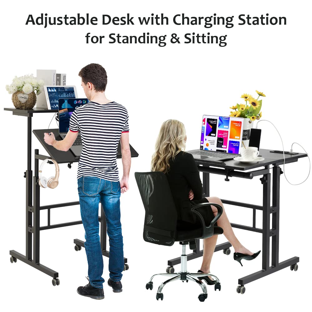 Hadulcet Black Upgrade Adjustable Standing Desk with Charging Station