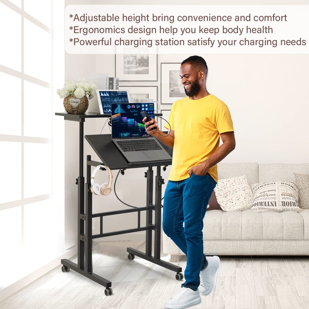 Black Upgrade Adjustable Standing Desk with Charging Station ...