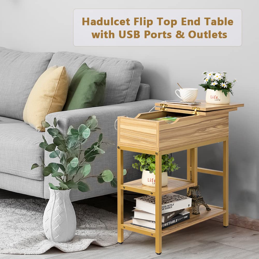 Hadulcet Khaki Gold USB Charging Flip Top Side Table With USB Ports and Outlets