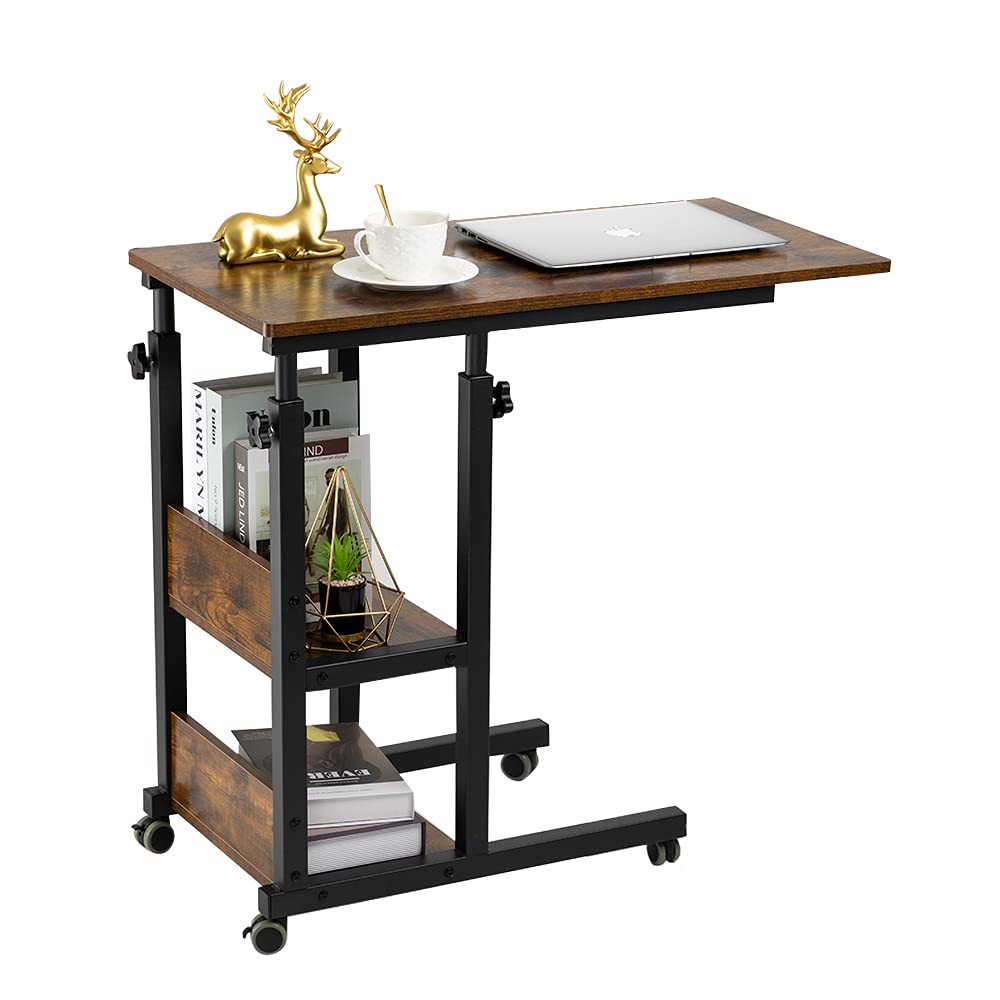 Hadulcet Romantic Brown C Shaped Adjustable Side Table With Wheels And Storage Shelves