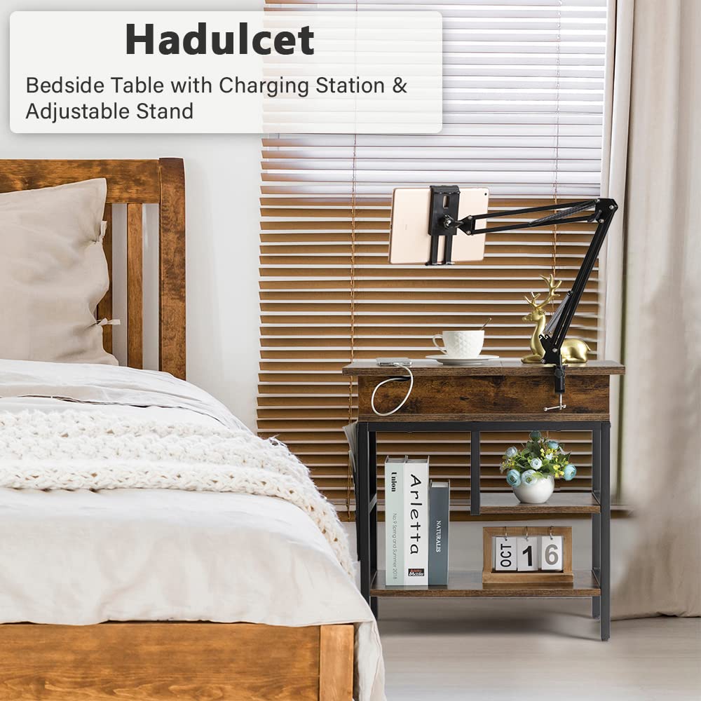 Hadulcet Rustic Brown Adjustable Bedside Table with Phone Holder and Charging Station