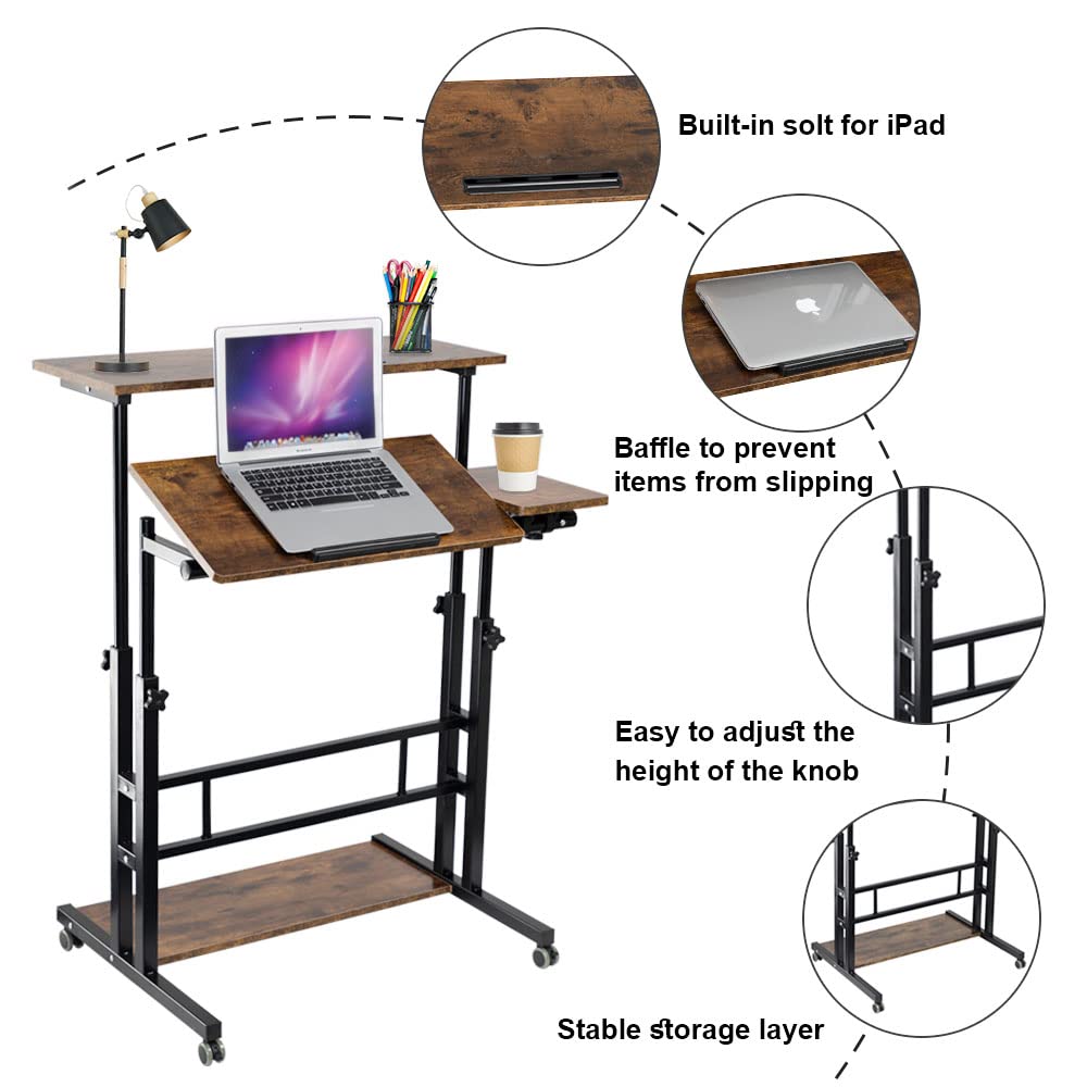Rustic Brown Adjustable Standing Computer Desk with Wheels - Sturdy ...