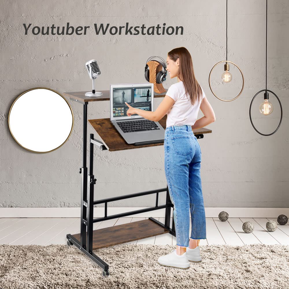 Rustic Brown Adjustable Standing Computer Desk with Wheels - Sturdy ...