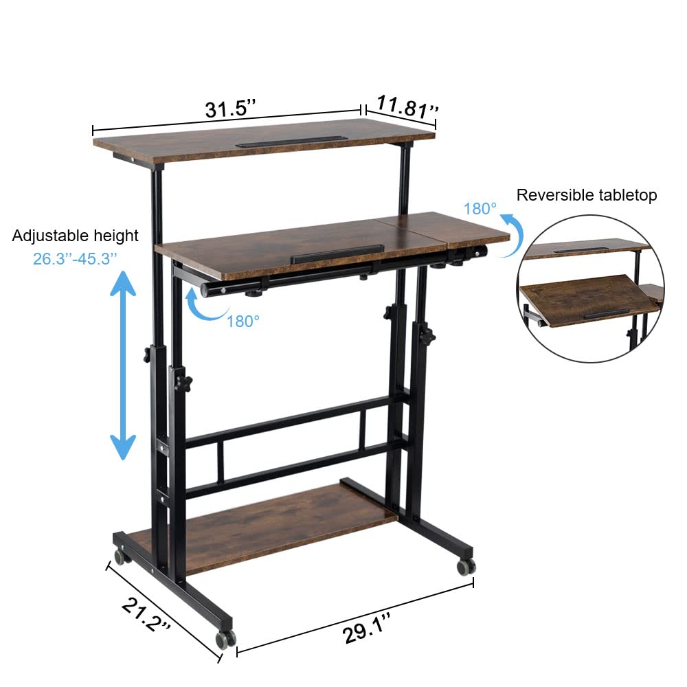 Rustic Brown Adjustable Standing Computer Desk with Wheels - Sturdy ...