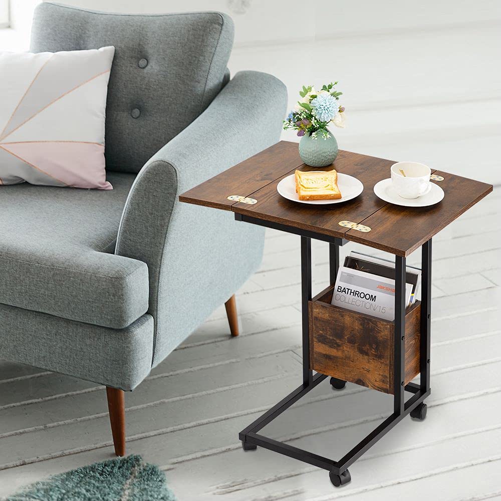 Hadulcet Rustic Brown C Shaped Foldable Side Table With Storage Basket And Wheels