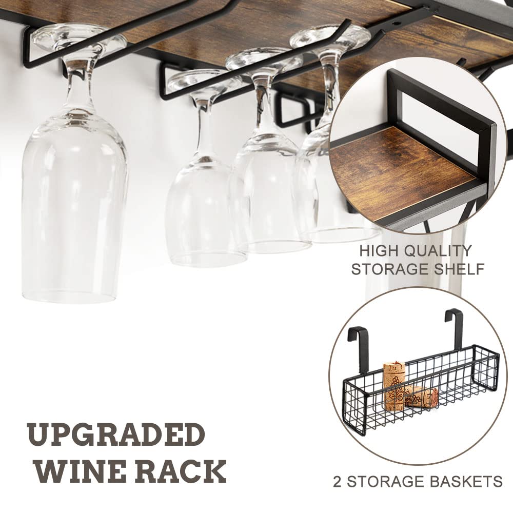 Rustic Brown Industrial Wall Mounted Wine Rack with 2-Tier Wood Wine Bottle  Shelf