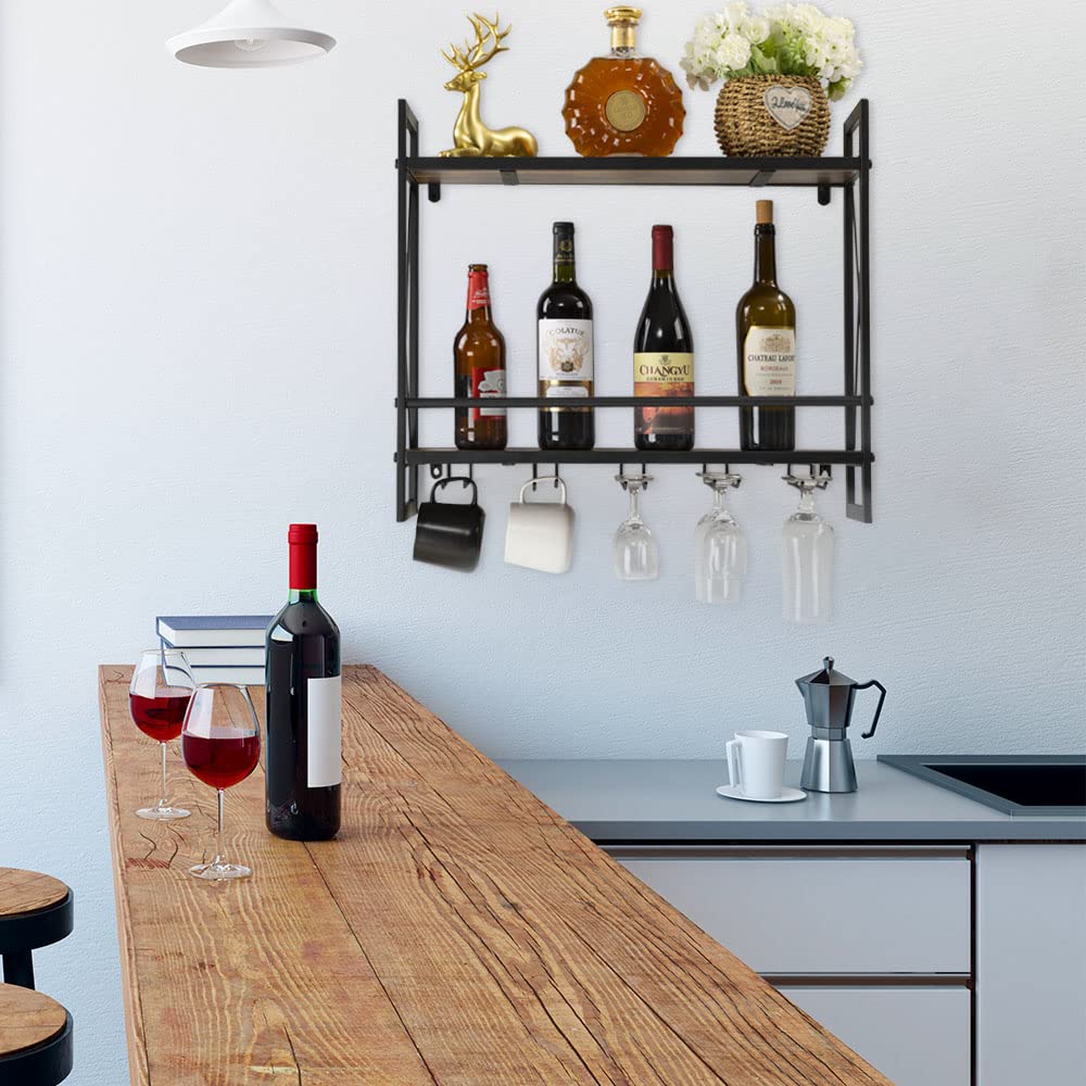 Hadulcet Rustic Brown Industrial Wall Mounted Wine Rack with 2-Tier Wood Wine Bottle Shelf