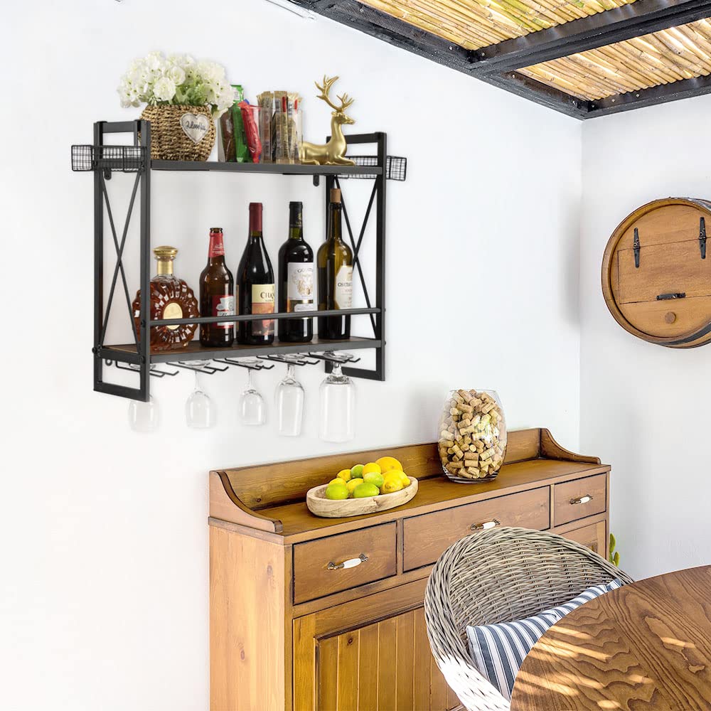 Rustic Brown Industrial Wall Mounted Wine Rack with 2-Tier Wood Wine Bottle  Shelf