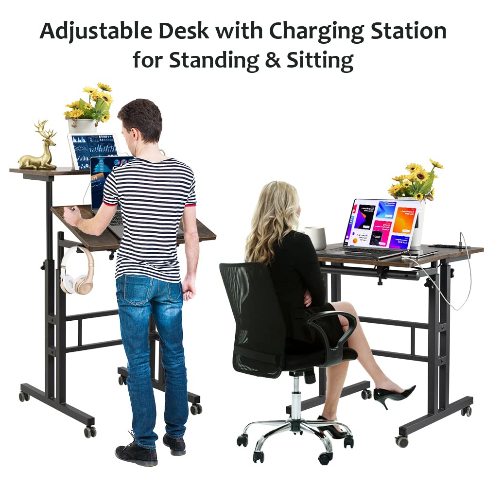 Rustic Brown Upgrade Adjustable Computer Desk with Chaging Station ...