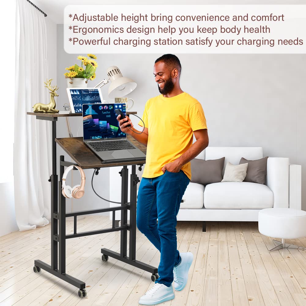 Hadulcet Rustic Brown Upgarde Adjustable Computer Desk with Charging Station
