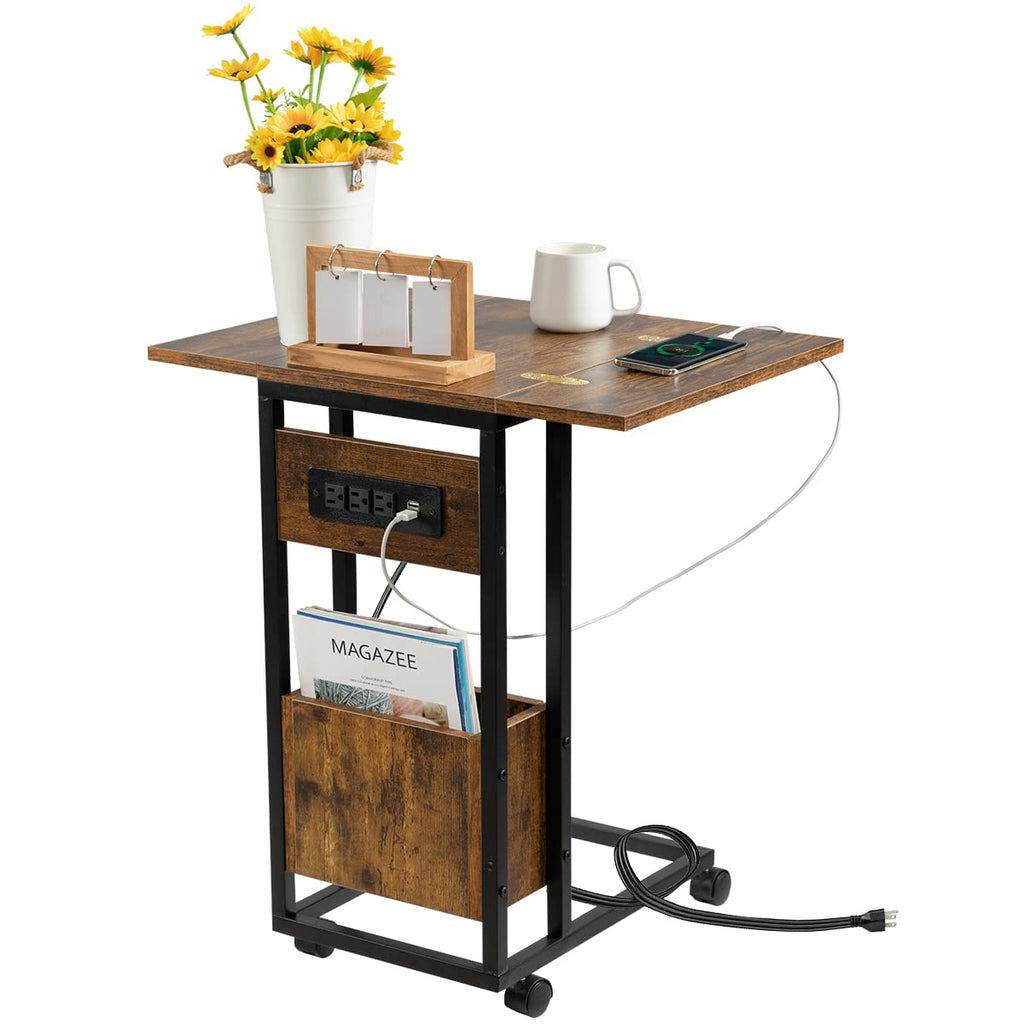Hadulcet Upgrade Rustic Brown Foldable Side Table With Charging Station For Living Room