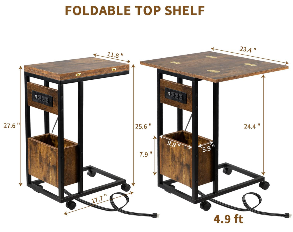 Upgrade Rustic Brown Foldable Side Table With Charging Station for Liv ...