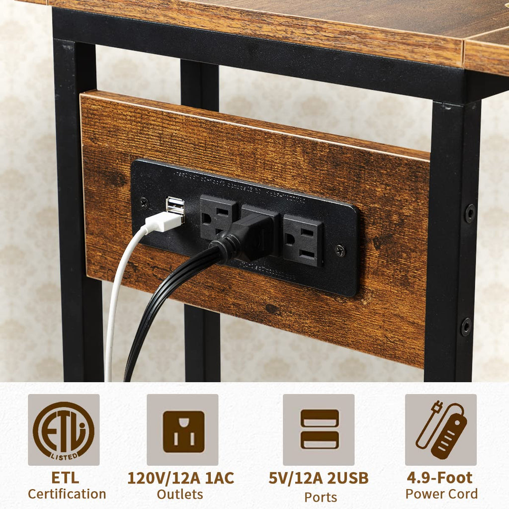 Upgrade Rustic Brown Foldable Side Table With Charging Station for Liv ...
