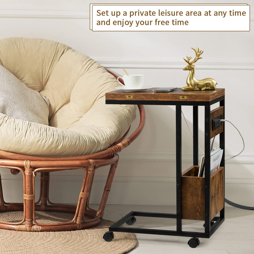 Upgrade Rustic Brown Foldable Side Table With Charging Station for Liv ...