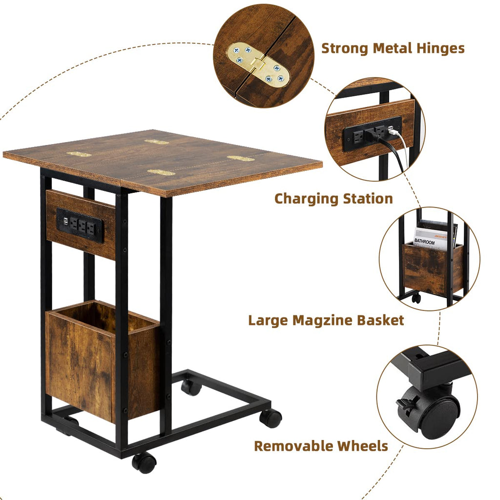 Upgrade Rustic Brown Foldable Side Table With Charging Station for Liv ...