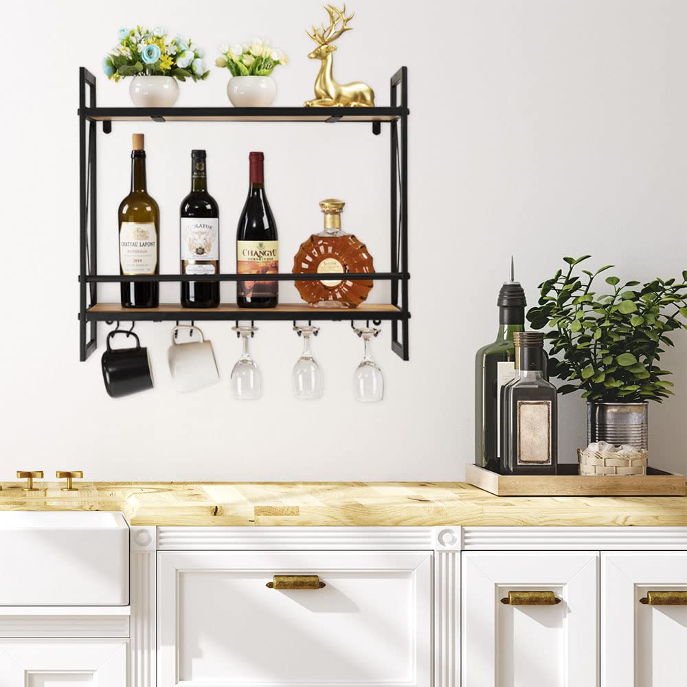 Hadulcet Vintage Oak Industrial Wall Mounted Wine Rack with 2-Tier Wood Shelves and Stem Glass Holders